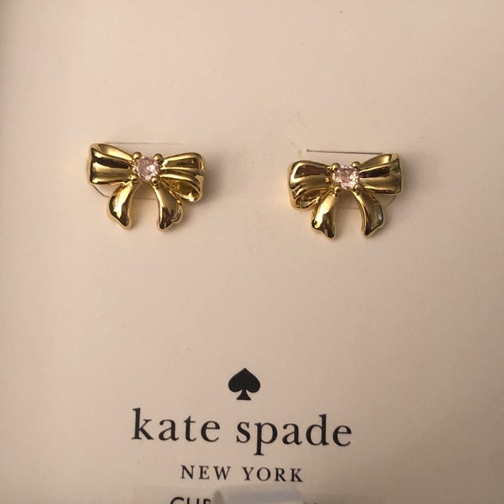 Kate Spade Gold Tone Dainty Bow Stud Earrings Pink CZ Accent NWT & Box
